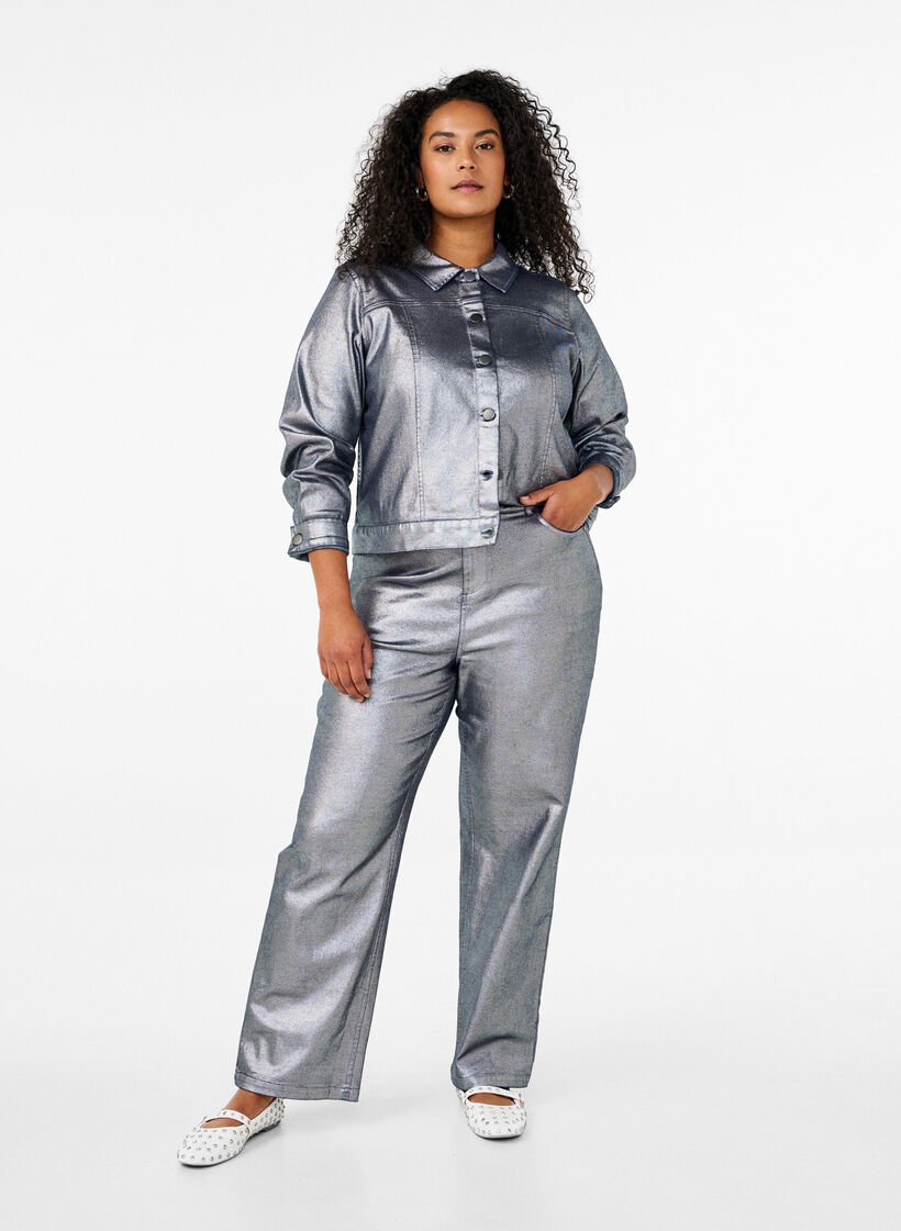 Kort jeansjacka med silverfärg, Gun Silver, Model image number 2