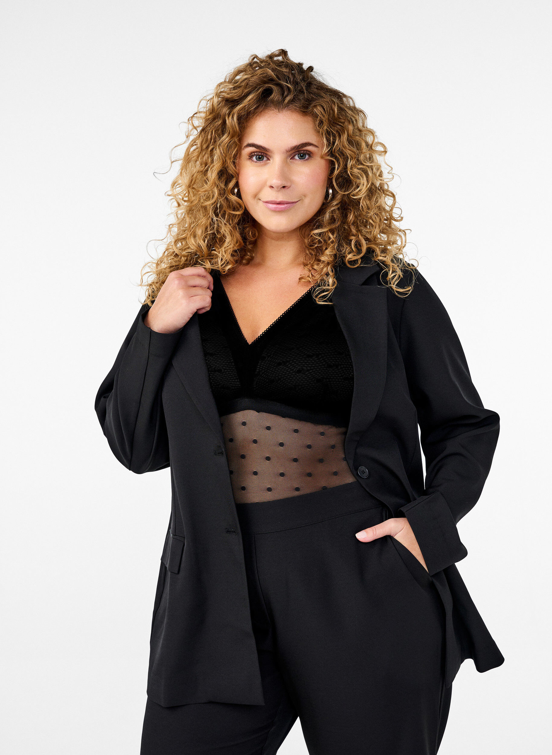 Zizzi Bodystocking med prickig mesh och avtagbara kuddar, Black, Model image number 0