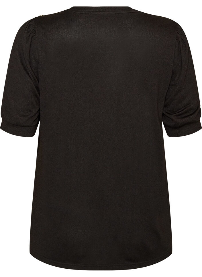 Blus med knappdetalj och korta puff&auml;rmar, Svart, Packshot image number 1