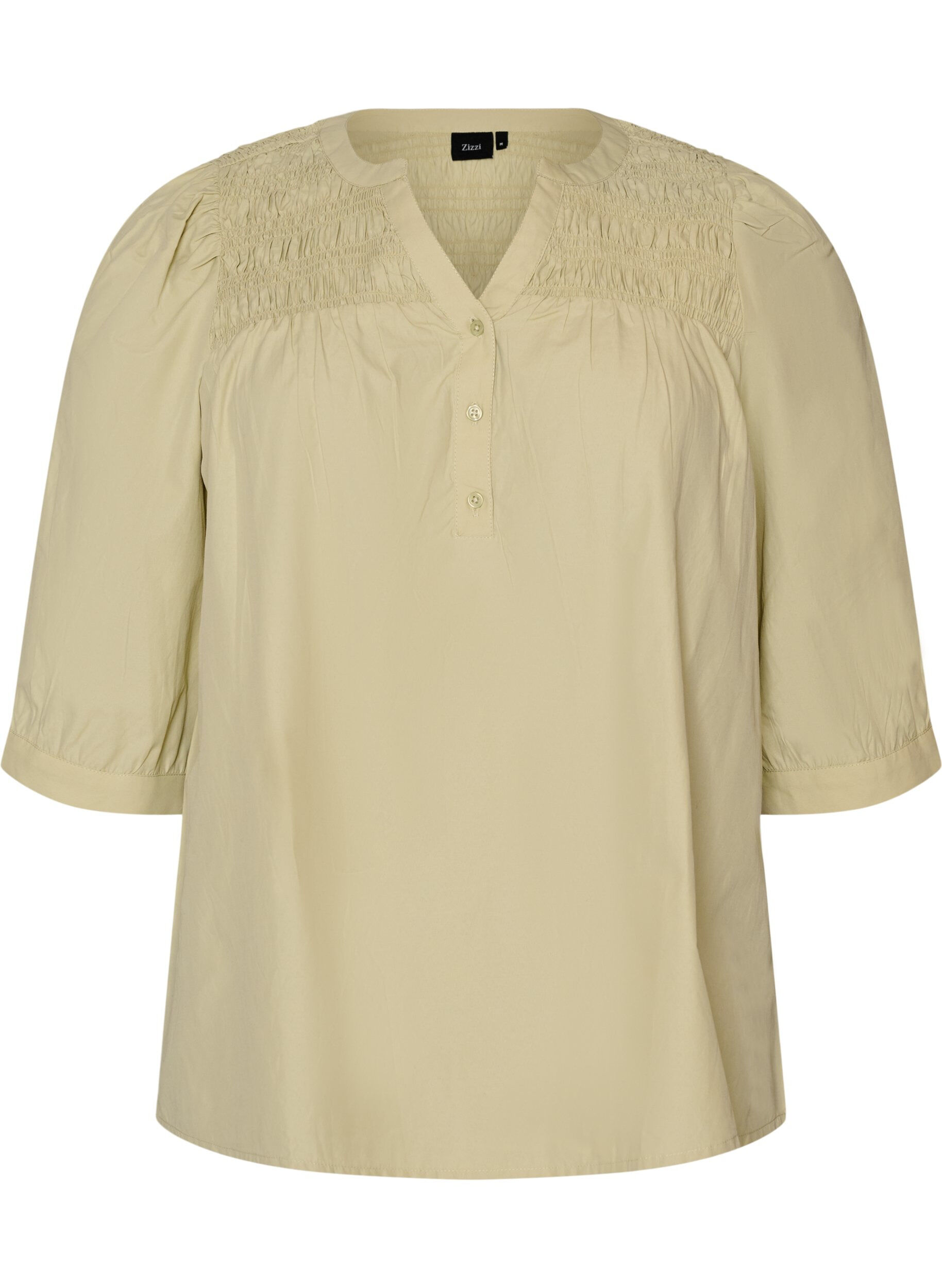 ZizziBlus med smock och 3/4-&auml;rmar, Gr&ouml;n, Packshot image number 0