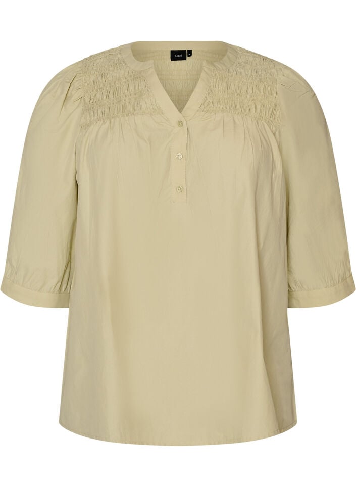 Blus med smock och 3/4-&auml;rmar, Gr&ouml;n, Packshot image number 0