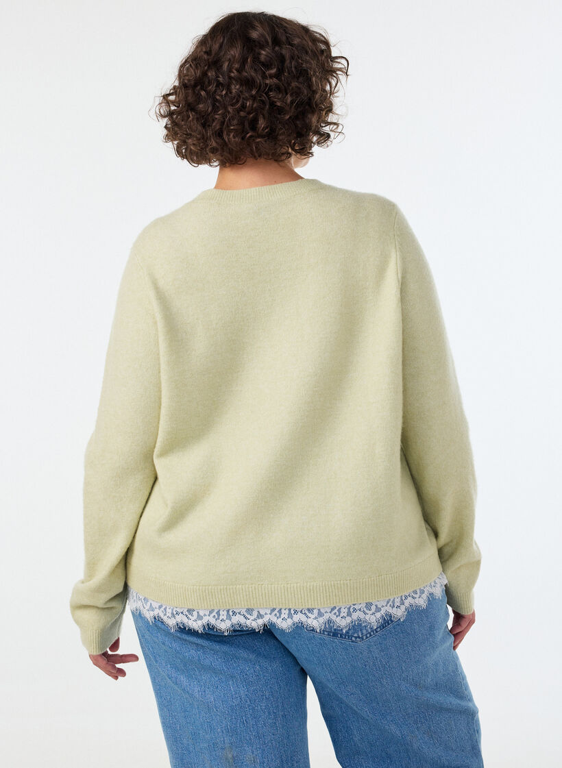 Stickad blus med spetskant nedtill, Gr&ouml;n, Model image number 2