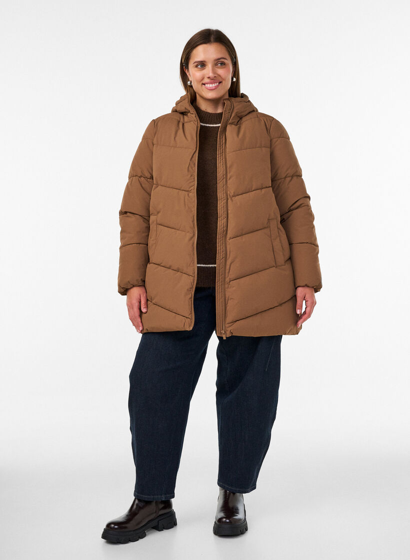 Halvl&aring;ng pufferjacka med huva, Brun, Model image number 1