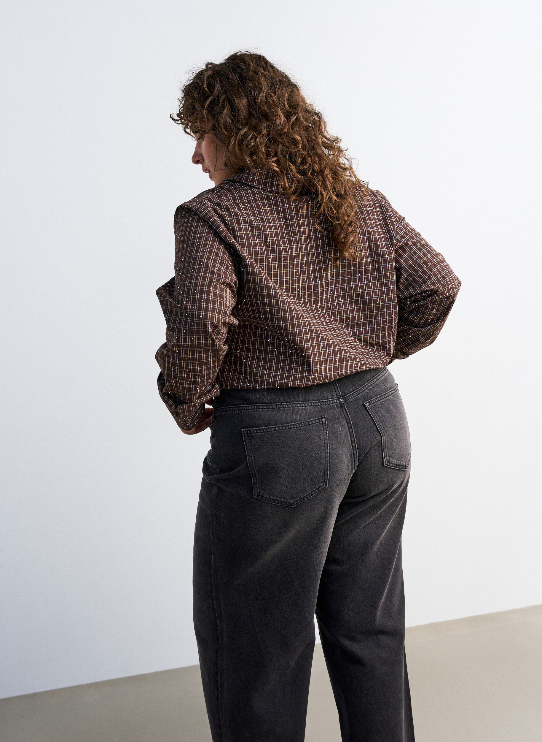 ZizziRutig skjorta med strass, Brun, Model image number 2