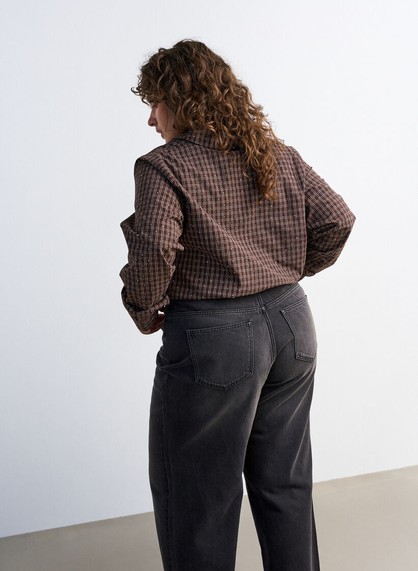 Rutig skjorta med strass, Brun, Model image number 2