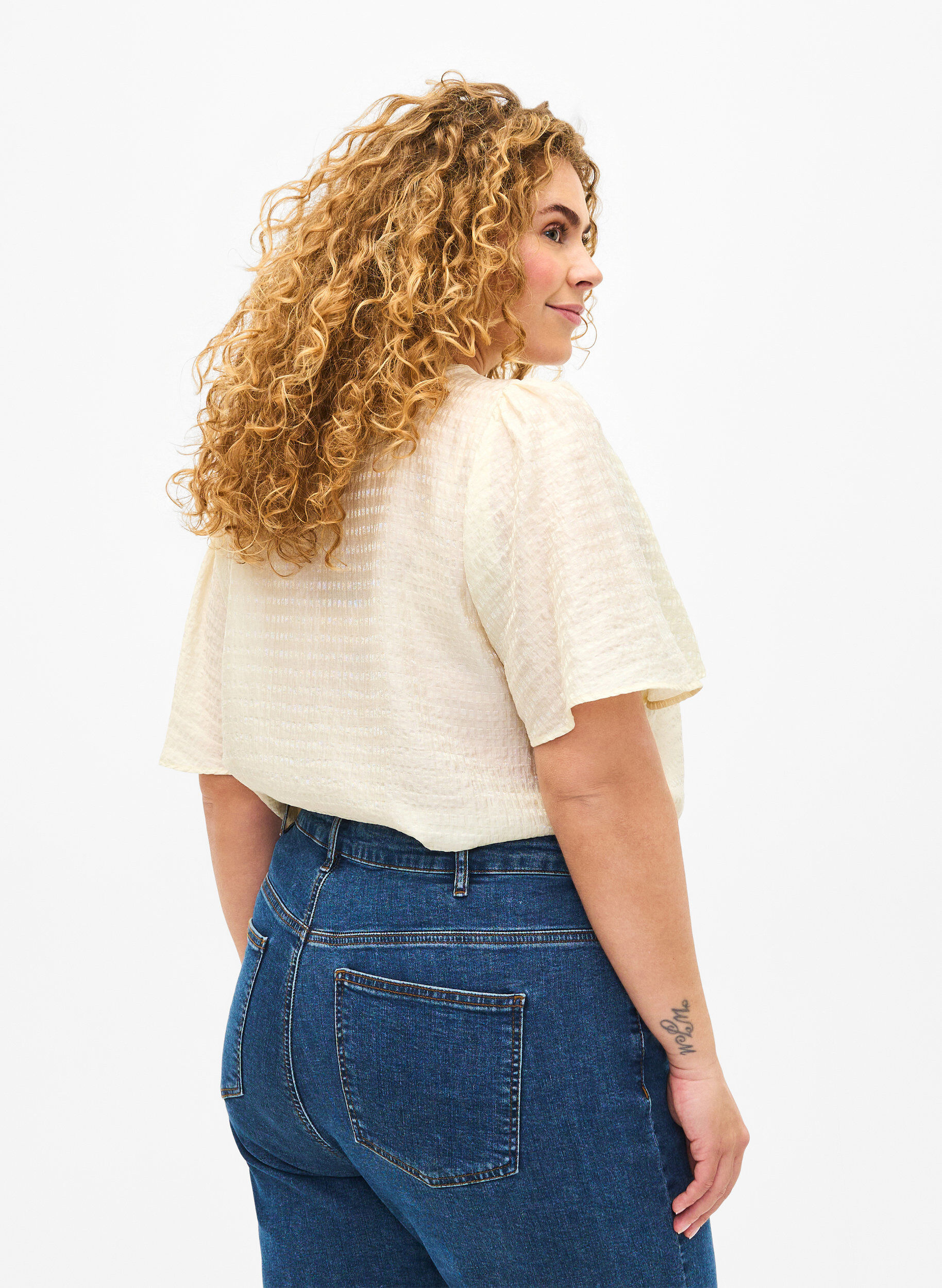 Zizzi Lyocell skjortblus med struktur, Antique White, Model image number 1