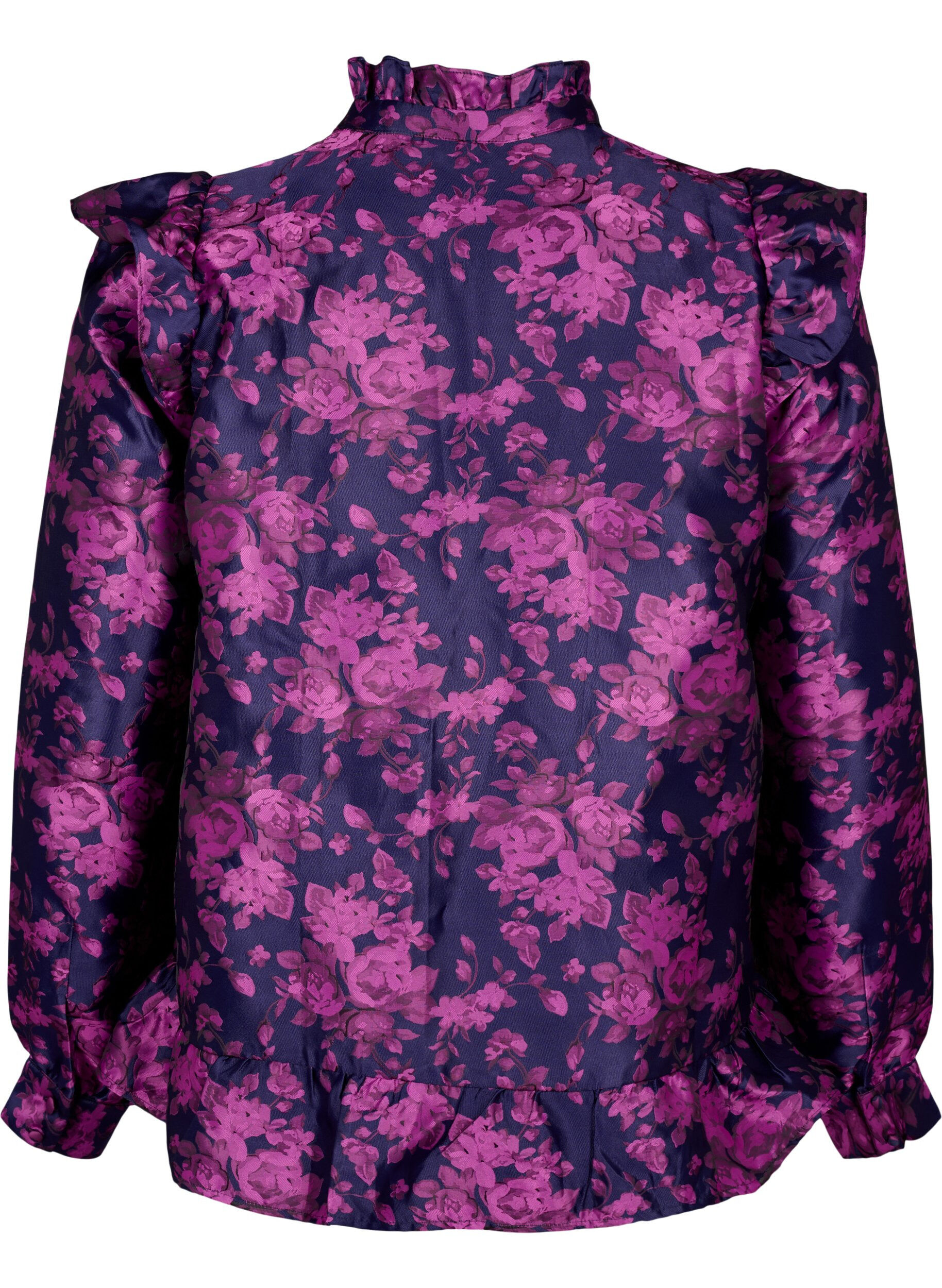 Zizzi Blus i blommig jacquard med volangdetaljer, Dark Blue Pink, Packshot image number 1