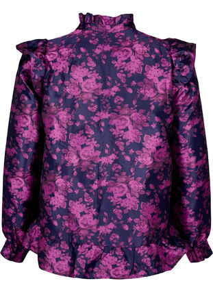 Blus i blommig jacquard med volangdetaljer, Dark Blue Pink, Packshot image number 1