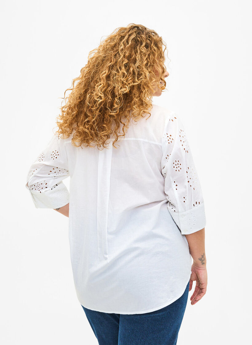 Skjortblus med anglaise-broderier och trekvartsärmar, Bright White, Model image number 1