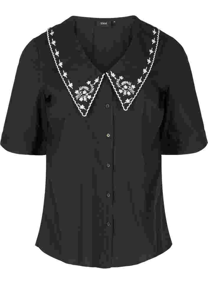 Kortärmad skjorta i bomull med stor krage, Black w. White, Packshot image number 0