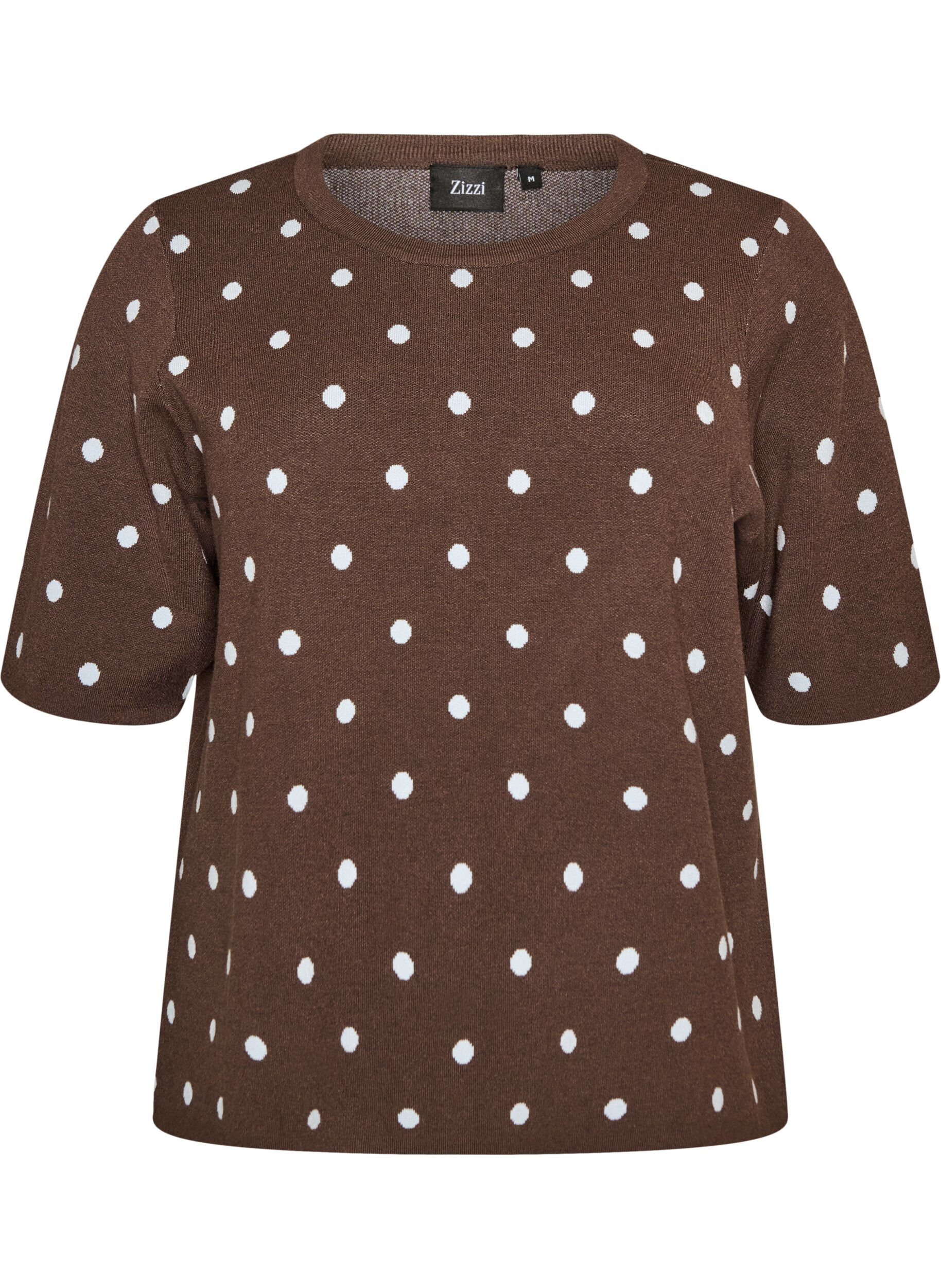 ZizziKort&auml;rmad stickad blus med prickar, Brun, Packshot image number 0