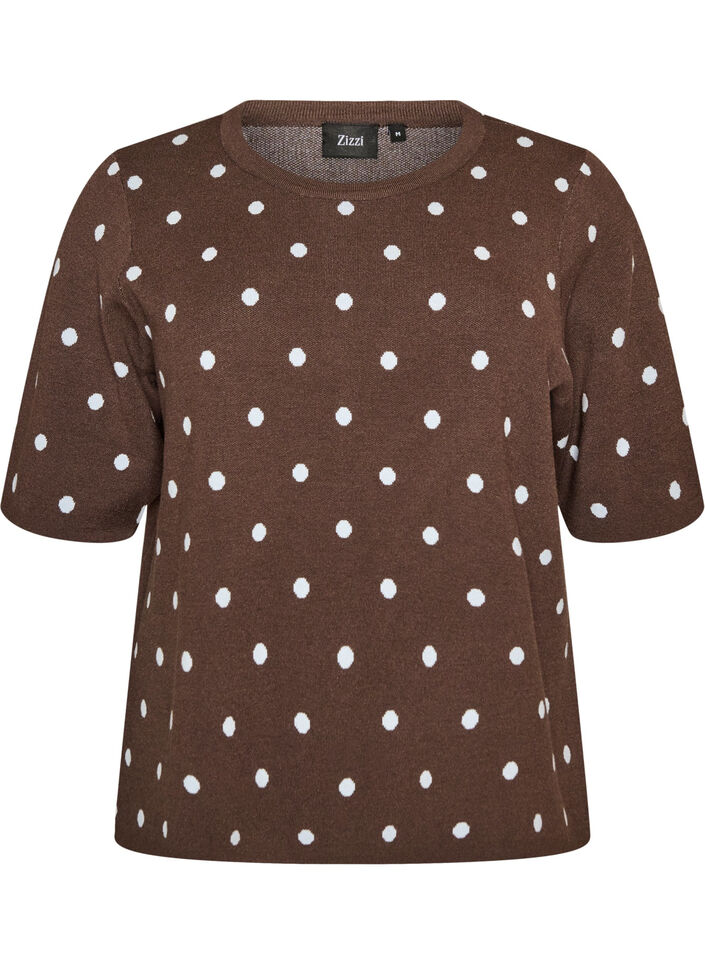 Kort&auml;rmad stickad blus med prickar, Brun, Packshot image number 0