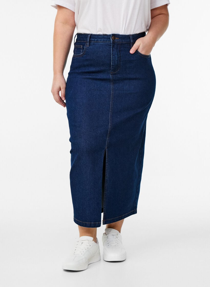 FLASH - Midil&aring;ng denimkjol med en slits framtill, Bl&aring;, Model image number 2