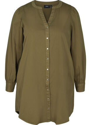 Lång bomullsskjorta med puffärmar, Ivy Green, Packshot image number 0