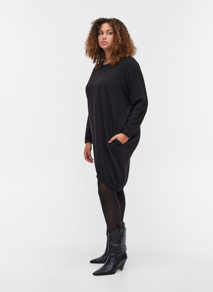 Enfärgad sweatshirtklänning med långa ärmar, Black, Model image number 2