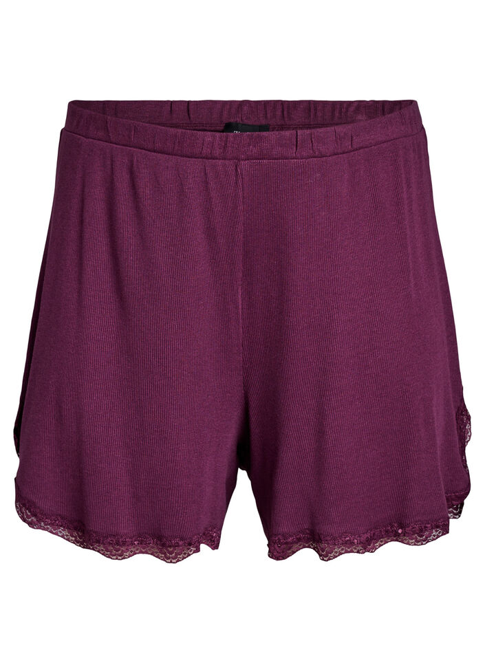 L&ouml;sa nattshorts med ribbstickad textur och spetskant, M&ouml;rk Bordeaux, Packshot image number 0