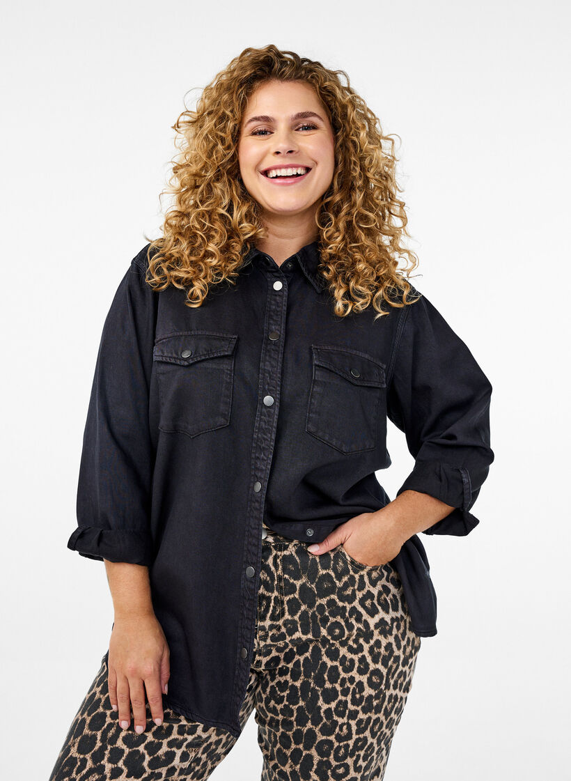 Denimskjorta med bröstfickor, Svart, Model image number 0