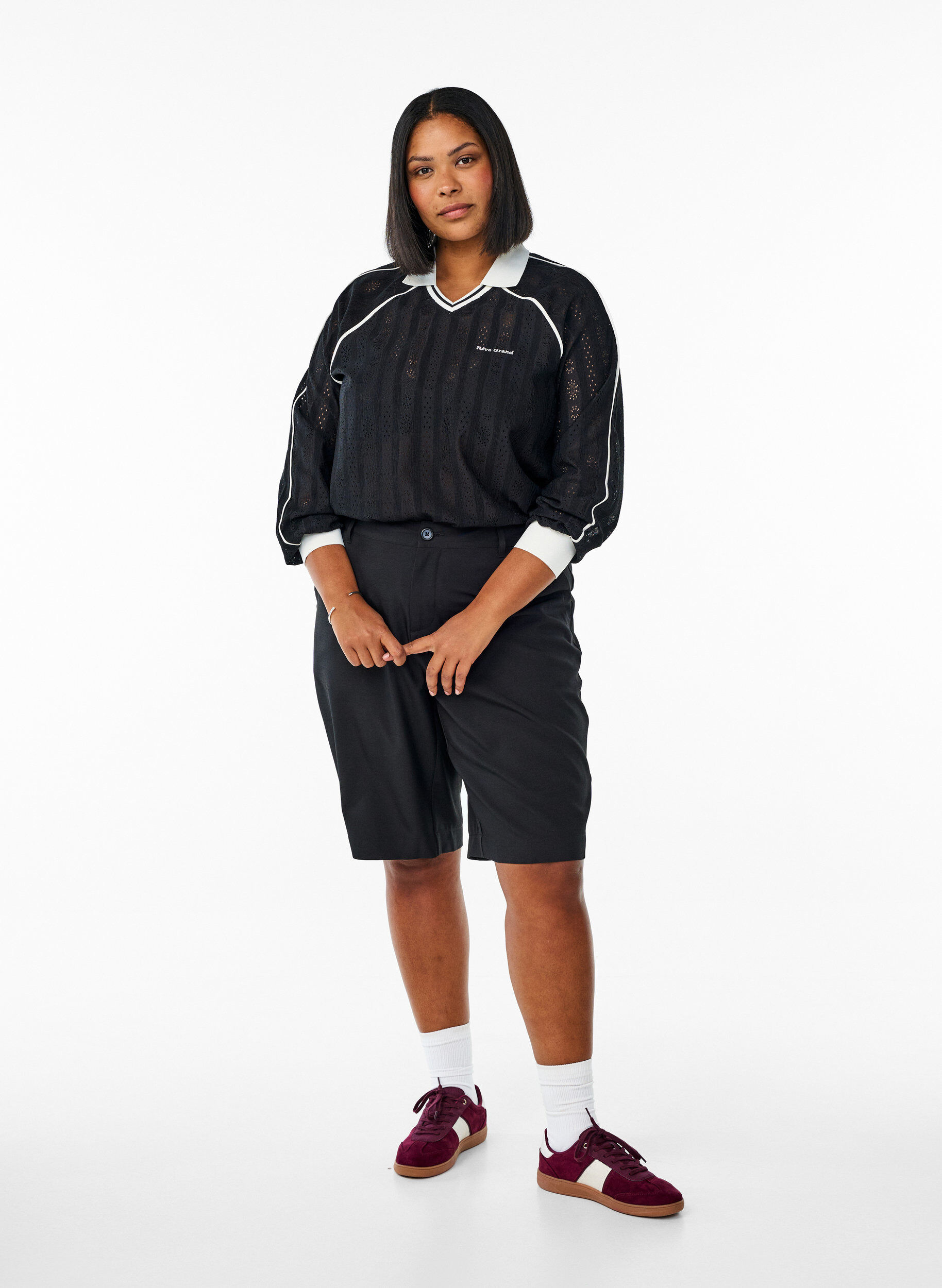 Zizzi Blus i texturerad jersey med kontrastdetaljer, Svart, Model image number 1