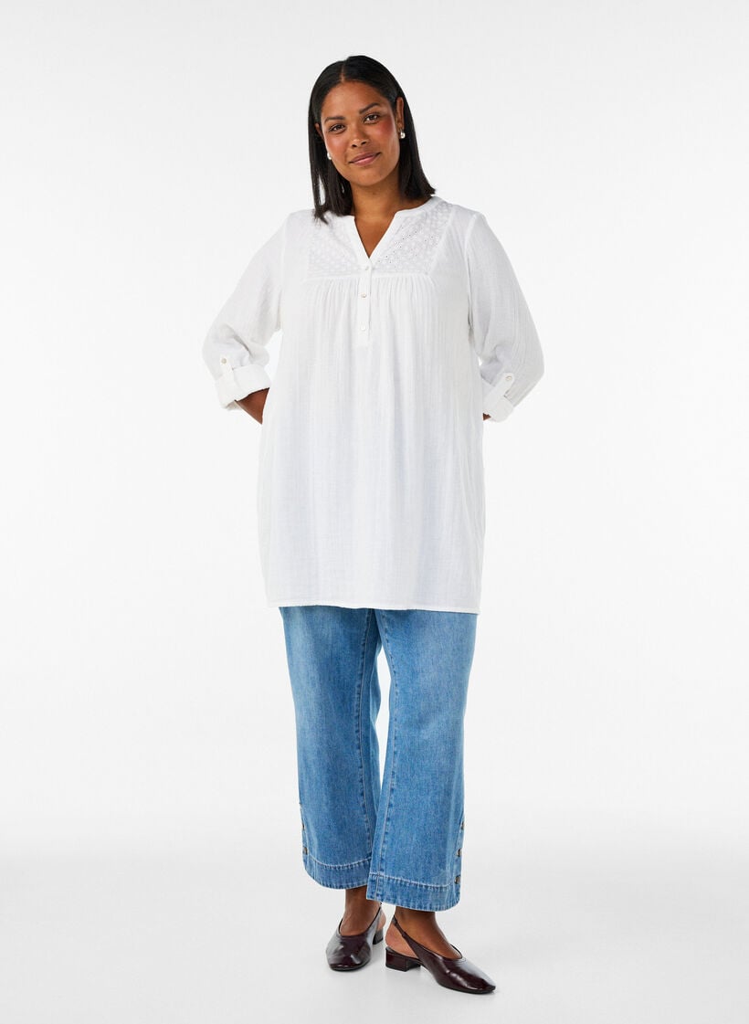 Tunika i bomullsmuslin med broderie anglaise, Vit, Model image number 1