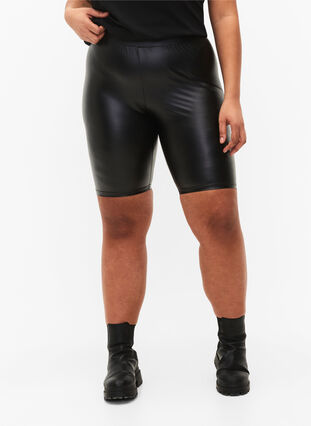 Glänsande kroppsnära shorts med hög midja, Black, Model image number 2