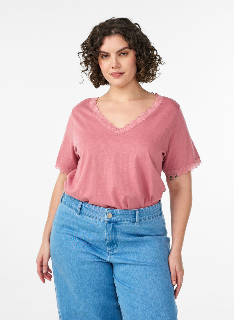 T-shirt med spetskant, Rosa, Model image number 0