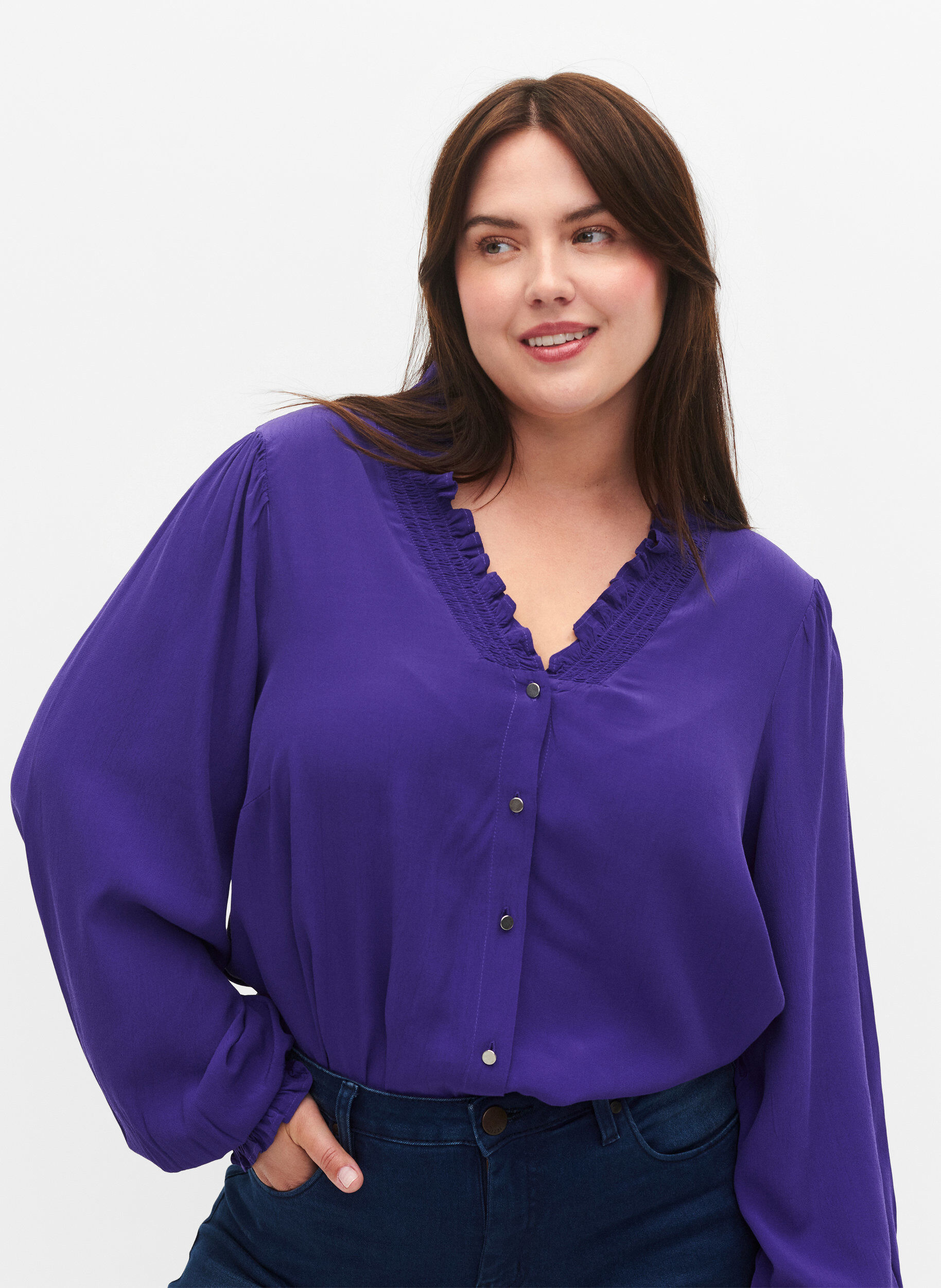 Zizzi L&aring;ng&auml;rmad skjortblus i viskos, Heliotrope, Model image number 2