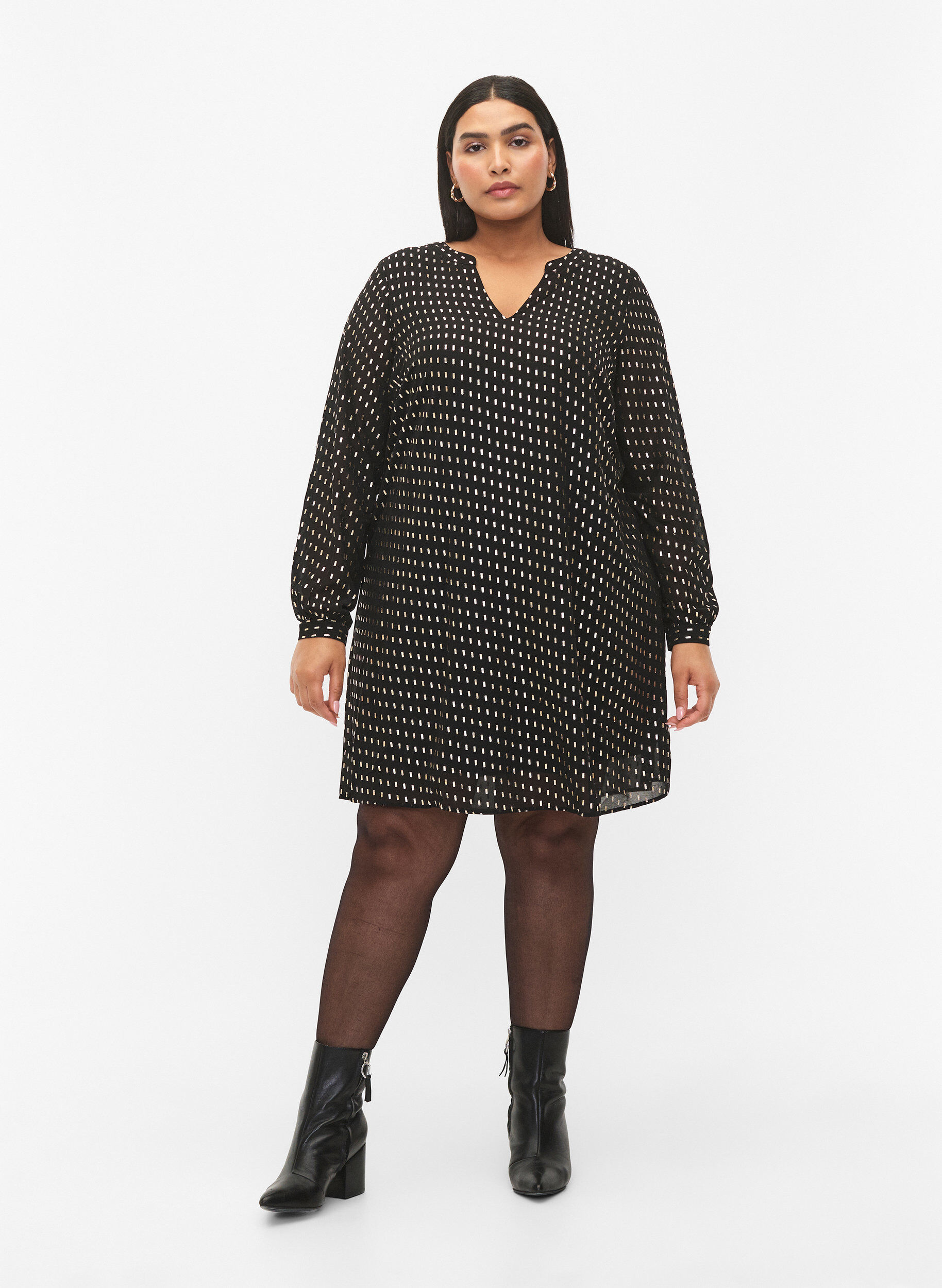 Zizzi L&aring;ng&auml;rmad kl&auml;nning med folietryck, Black w. Gold, Model image number 2