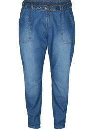 Högmidjade jeans med bälte, Blue denim