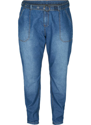 Högmidjade jeans med bälte, Blue denim, Packshot image number 0