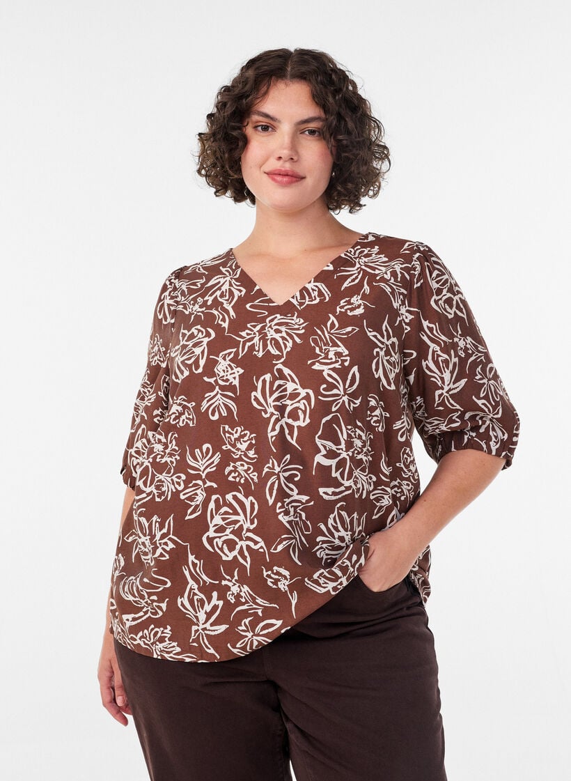 Blus i viskos med v-ringning, Brun, Model image number 0