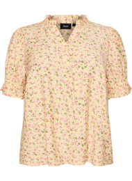 Blommig blus i viskos med korta &auml;rmar och volangkrage, Gul
