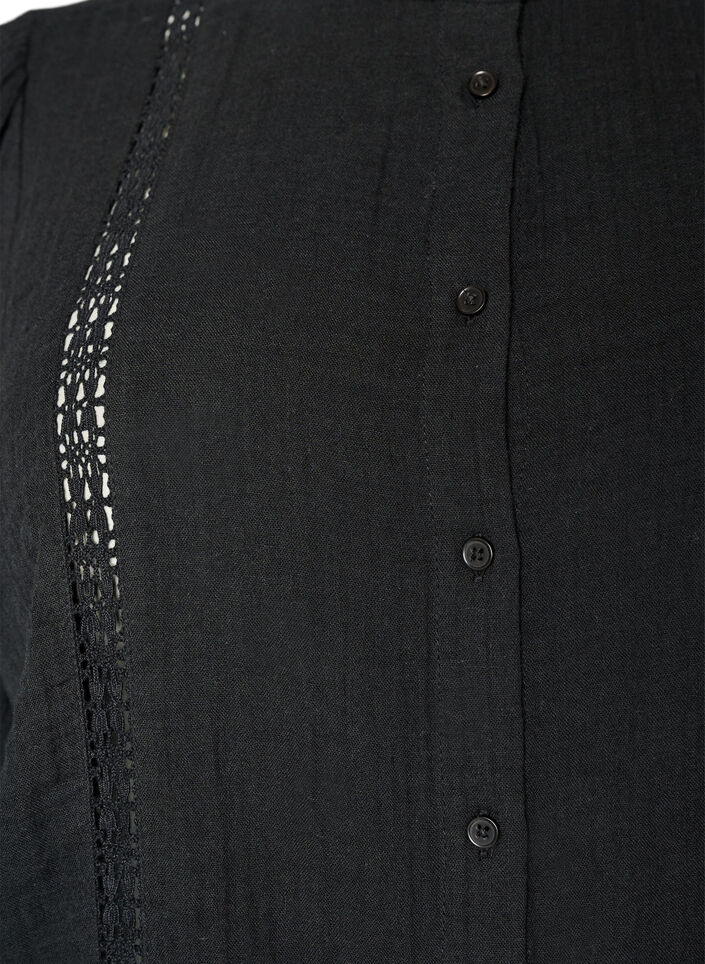 Kort&auml;rmad blus i bomullsmuslin med virkad kant, Svart, Packshot image number 2