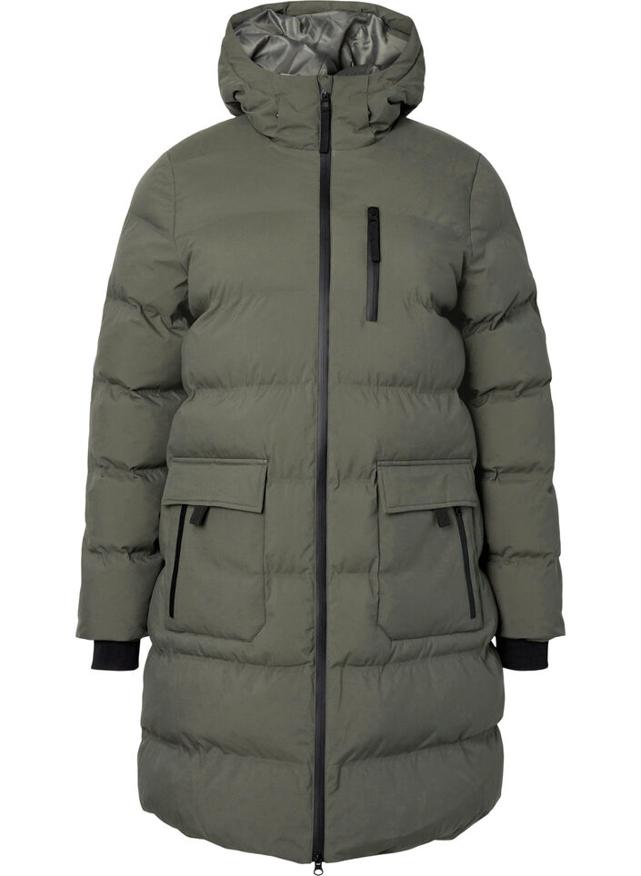 Pufferkappa med huva och fickor, Gr&ouml;n, Packshot image number 0