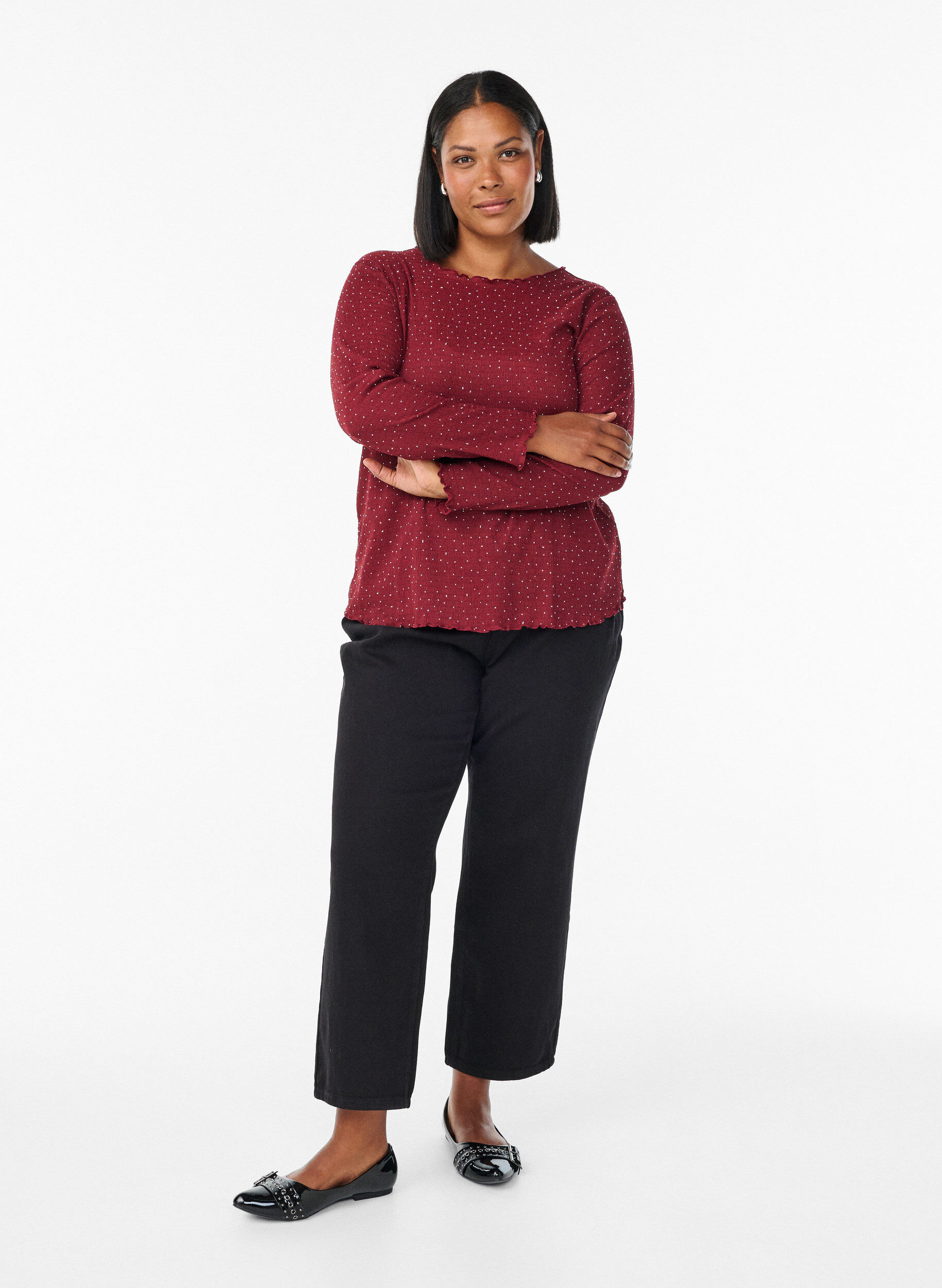 Zizzi L&aring;ng&auml;rmad blus med strass, M&ouml;rk Bordeaux, Model image number 1