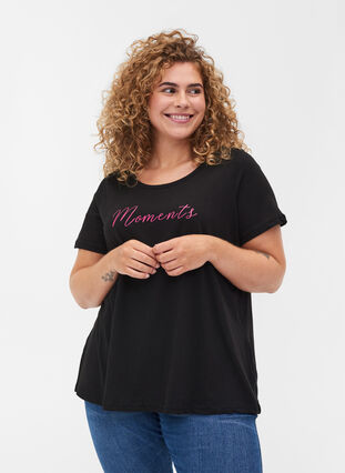 A-linjeformad t-shirt i bomull med tryck, Black, Model image number 0