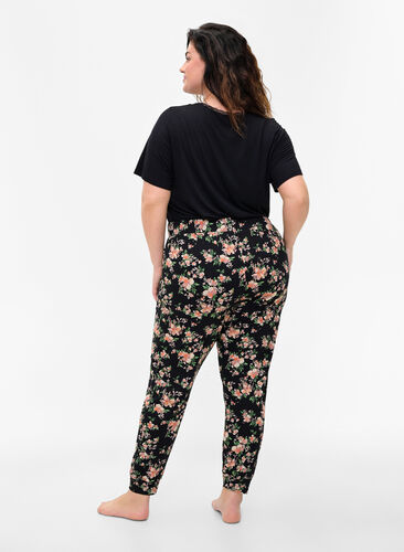 Pyjamasbyxor med blommigt mönster i bomull, Black Flower, Model image number 1
