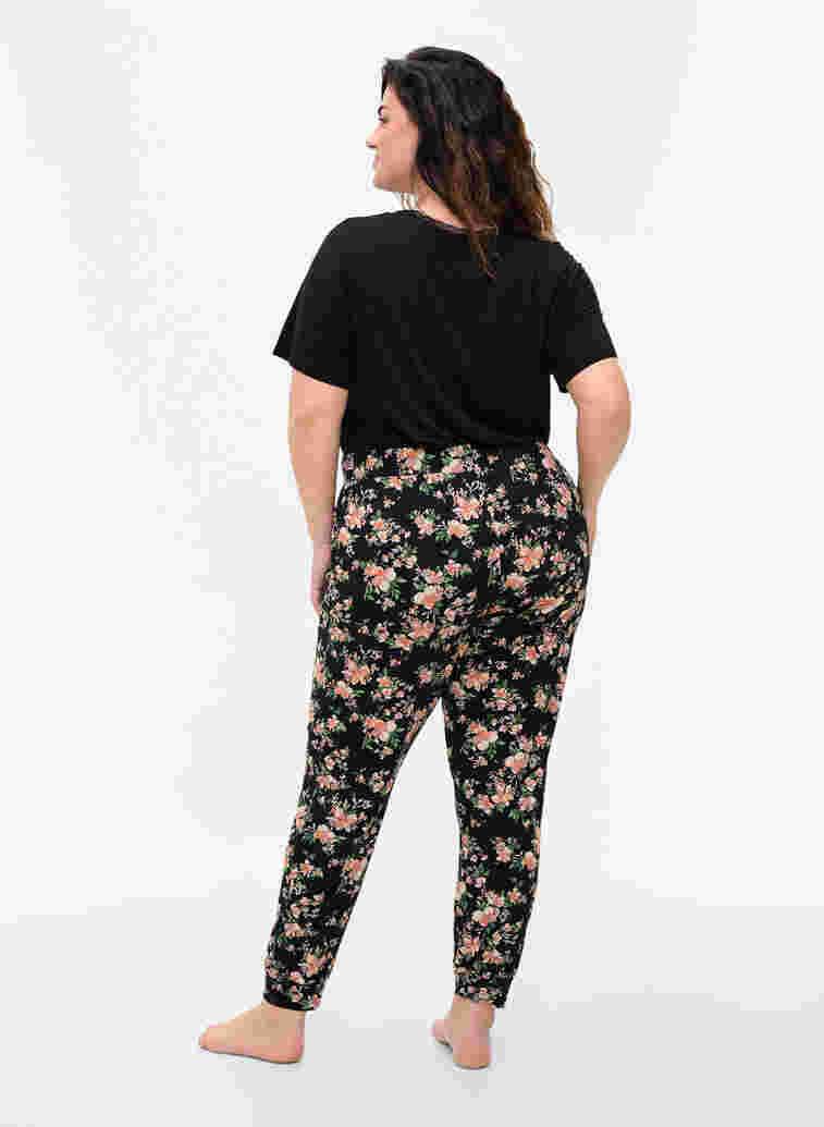 Pyjamasbyxor med blommigt mönster i bomull, Black Flower, Model image number 1