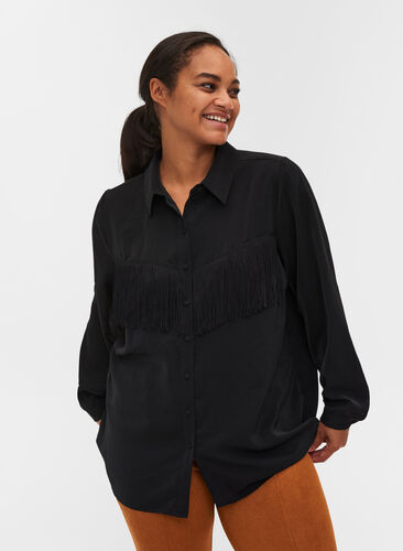Enfärgad skjorta med fransar, Black, Model image number 0