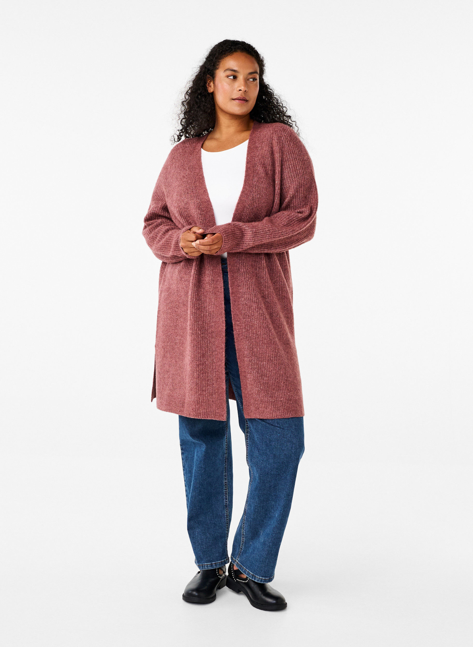 Zizzi FLASH - Ribbstickad cardigan med slitsar, Rose Brown Melange, Model image number 2