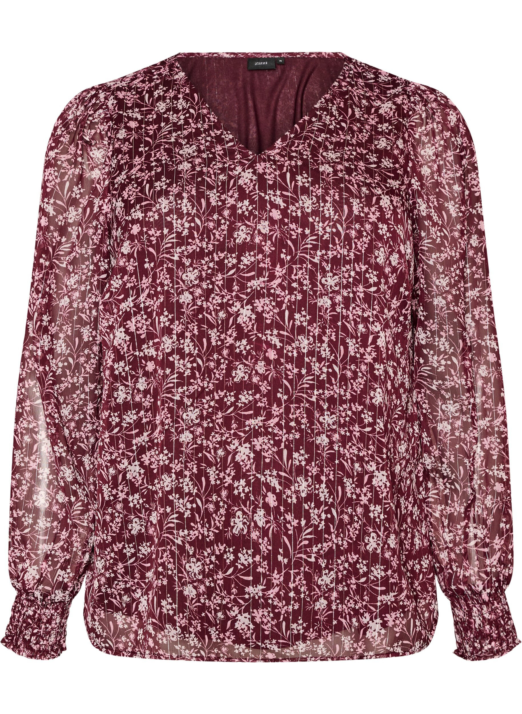 ZizziBlus med blomm&ouml;nster och glittertr&aring;d, R&ouml;d, Packshot image number 0