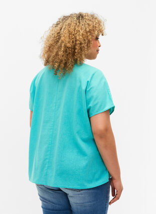 Kortärmad blus i bomullsmix med linne, Turquoise, Model image number 1