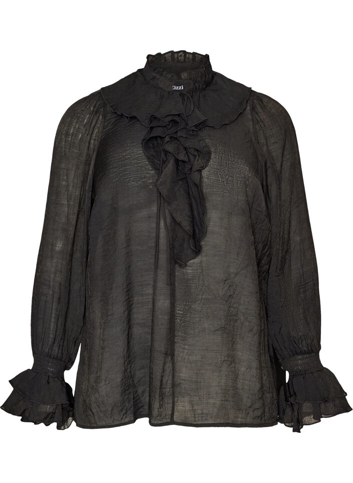 Blus i viskos med volanger och l&aring;nga &auml;rmar, Svart, Packshot image number 0