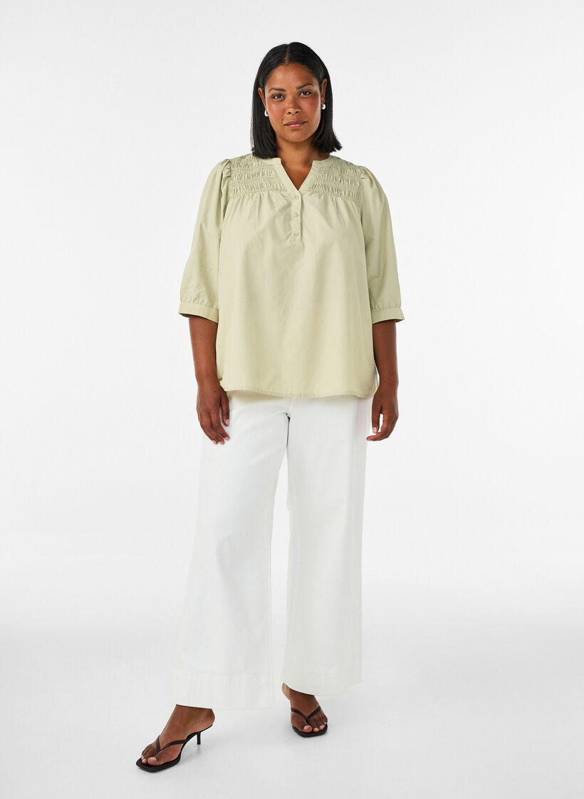 Blus med smock och 3/4-&auml;rmar, Gr&ouml;n, Model image number 1