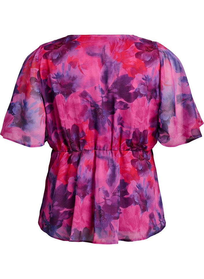 Blus i chiffong med blommor och korta &auml;rmar, R&ouml;d, Packshot image number 1