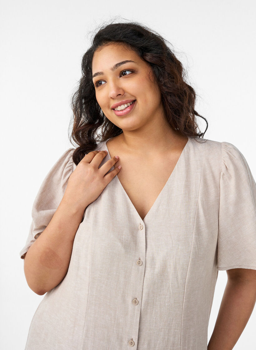 Midikl&auml;nning i linne och viskos med volang&auml;rmar, Beige, Model image number 2