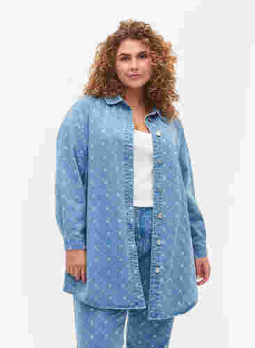 Jeansskjorta med tryck, Light blue denim, Model image number 0