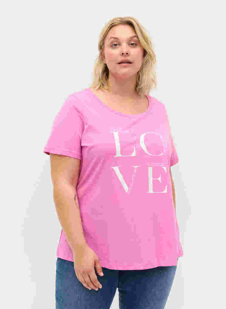T-shirt i bomull med texttryck, Cyclamen LOVE, Model