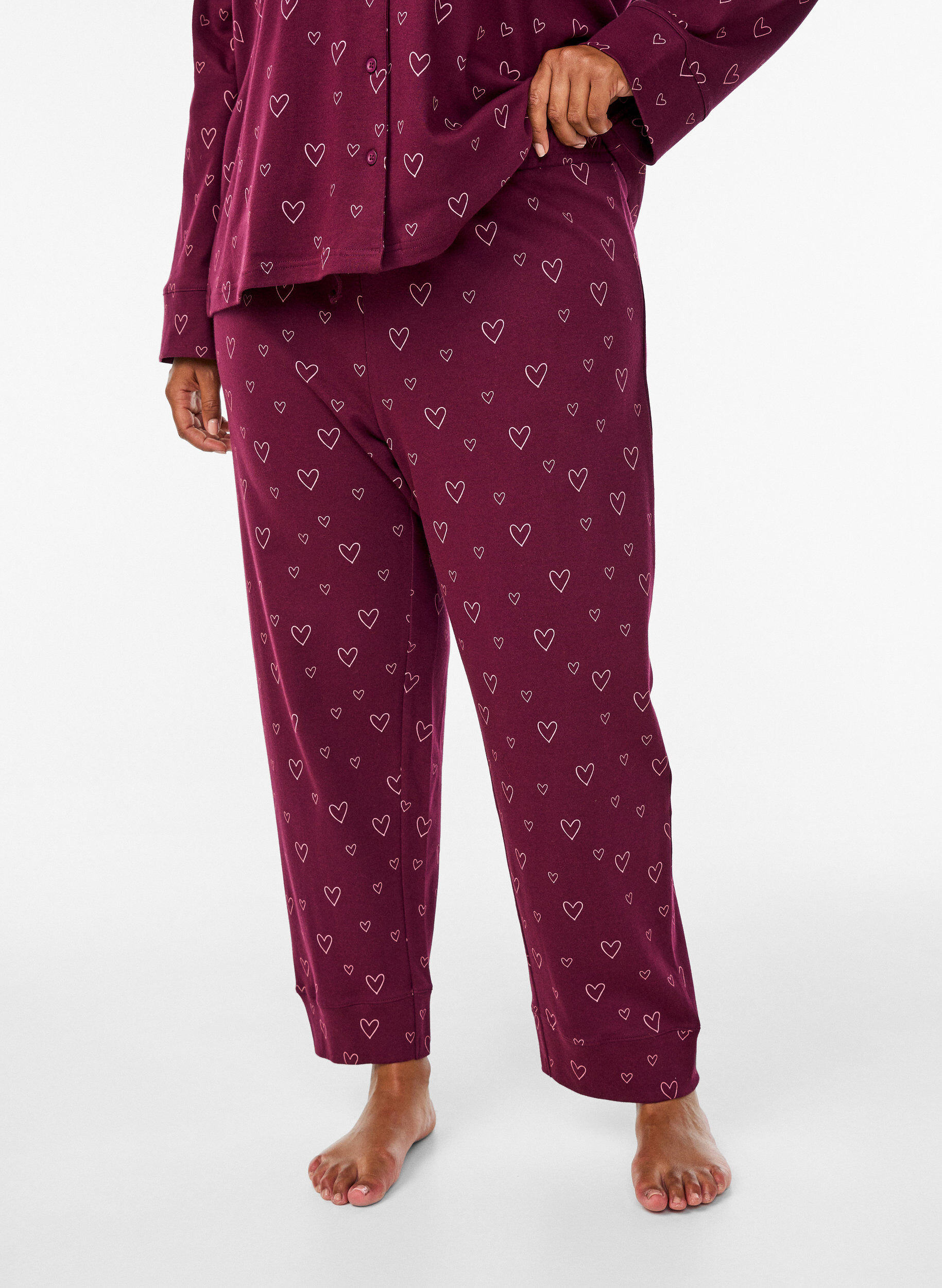 Zizzi Pyjamasbyxor i bomull med h&ouml;g midja, M&ouml;rk Bordeaux, Model image number 2