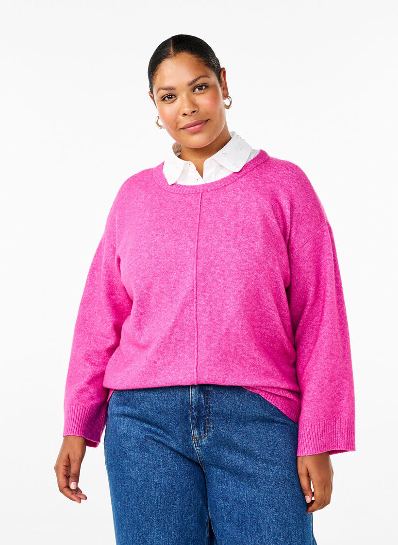 Stickad blus med rund halsringning och mittsöm, Fuchsia Red Mel., Model image number 0