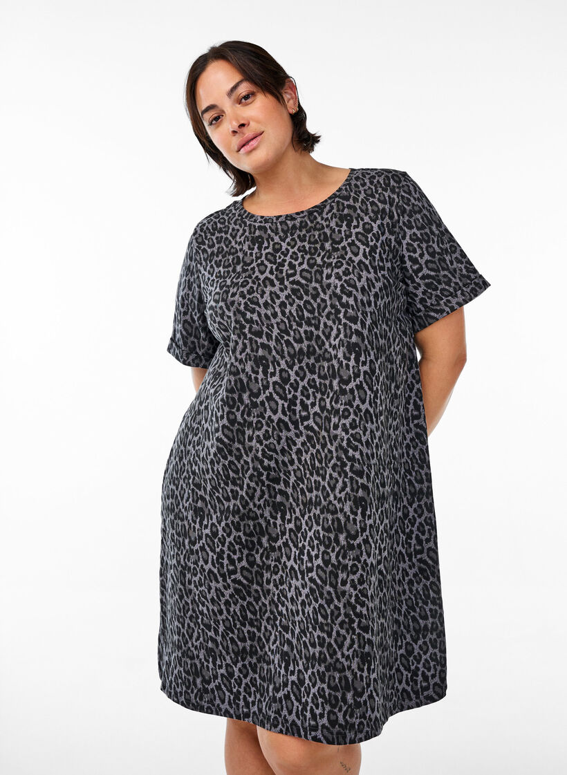 Kort t-shirtklänning i bomullstrikå, Grå, Model image number 0